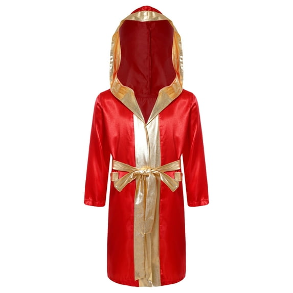 iEFiEL Kids Boys Boxing Robe Boxer Training Clothes Long Sleeve Open Front Satin Hooded Cloak with Belt Burgundy 16