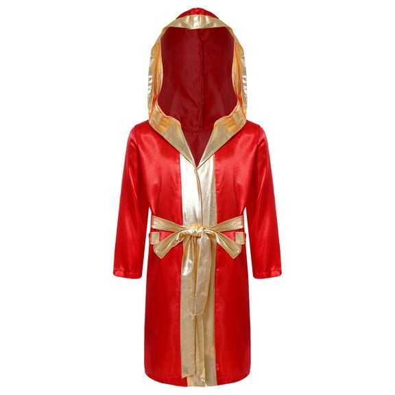 iEFiEL Kids Boys Boxing Robe Boxer Training Clothes Long Sleeve Open Front Satin Hooded Cloak with Belt Burgundy 8