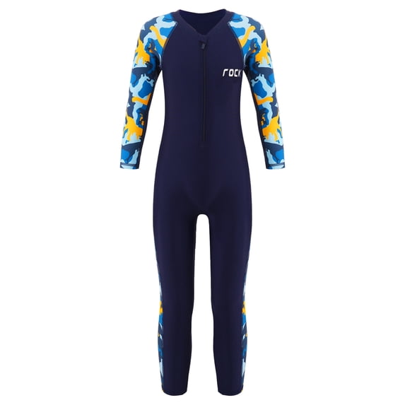 iEFiEL Kids Boys Long Sleeve Zip Up One Piece Swimsuit UPF 50+ Rashguard Surfing Diving Swimwear Navy Blue 3X