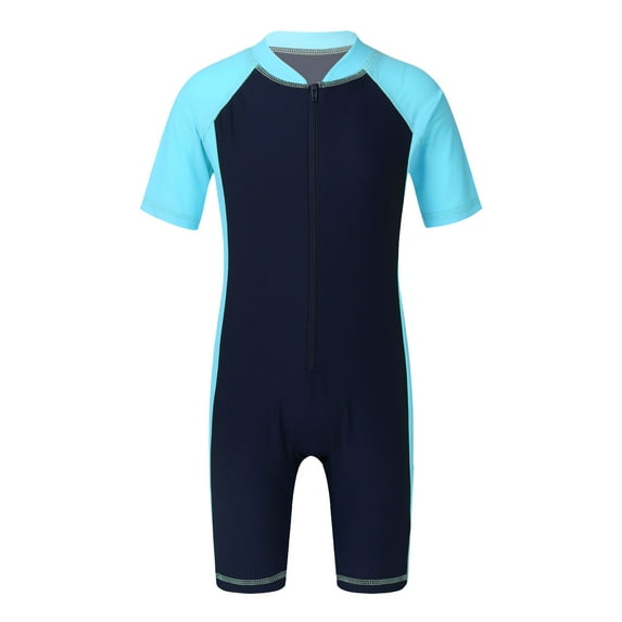 iEFiEL Kids Boys Tween One-piece Swimsuit Rash Guard Zippered Short Wetsuit Swimwear Bathing Suit Navy Blue&Sky Blue 8