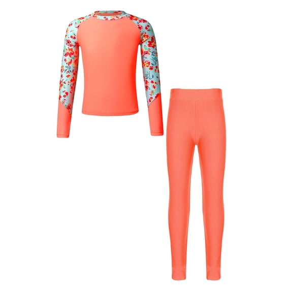 iEFiEL Kids Girls 2 Piece Swimsuit Floral Long Sleeve Rashguard Swim Shirt with Pants Beach Swimwear Set Orange 6
