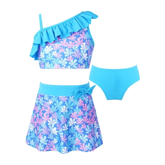 iEFiEL Kids Girls 3Pcs Swimsuit One Shoulder Ruffles Trim Tops with Briefs and Skirt Set for Pool Beach Swimming