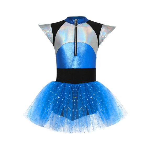 iEFiEL Kids Girls Alien Costume Metallic Leotard Dress Shiny Sequins Tutu Tulle Dress Blue 10