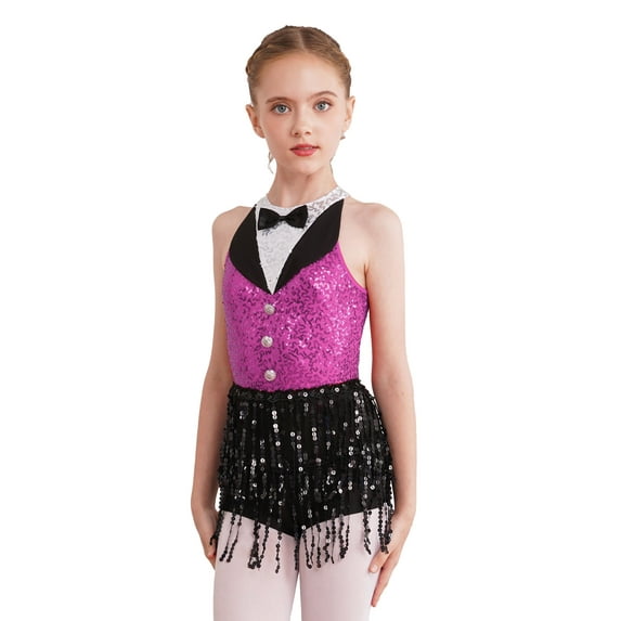 iEFiEL Kids Girls Allover Sequins Modern Jazz Dance Performance Costume Sleeveless Tassels Hip Hop Latin Dance Skirted Leotard Hot Pink 10