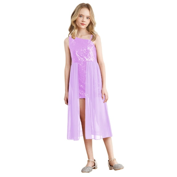 iEFiEL Kids Girls Allover Sparkly Sequins Party Formal Dress Sleeveless Birthday Party Princess Dress Prom Ball Gown Lavender 6
