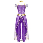iEFiEL Kids Girls Arabian Princess Fancy Costume Shiny Sequins Jumpsuit Halloween Cosplay Dress Up Birthday Outfit Purple 12
