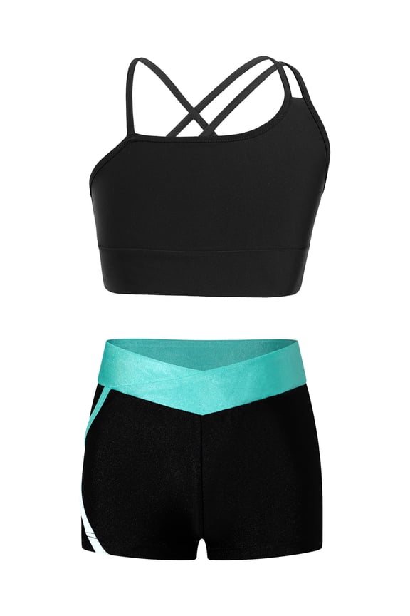 Kids Girls Asymmetric Shoulder Dance Crop Top with Shorts Set 2 Piece Sports Workout Outfit Gymnastics Tracksuit A Lake Green 8