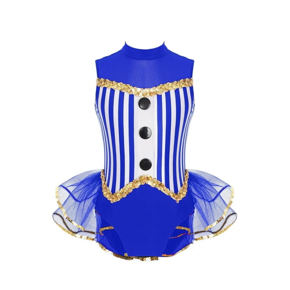 iEFiEL Kids Girls Ballerina Performance Dress Striped Tulle Skirted Bodysuit Lace Trim Latin Jazz Ballet Leotard Royal Blue 6
