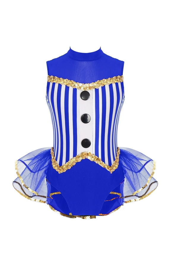 Kids Girls Ballerina Performance Dress Striped Tulle Skirted Bodysuit Lace Trim Latin Jazz Ballet Leotard Royal Blue 8