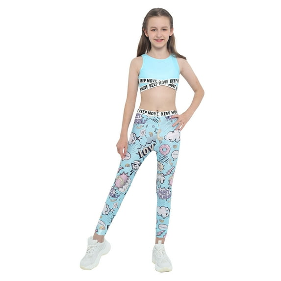 iEFiEL Kids Girls Ballet Dancewear Gymnastics Outfit Sports Bra Crop Tank Top with Yoga Running Pants Leggings Blue 8