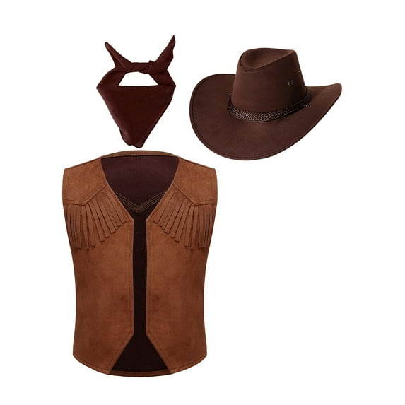 iEFiEL Kids Girls Boys Western Cowboy Fancy Dress Up with Suede Tassel Vest Jacket Hat Bandanna Outfit Brown 14