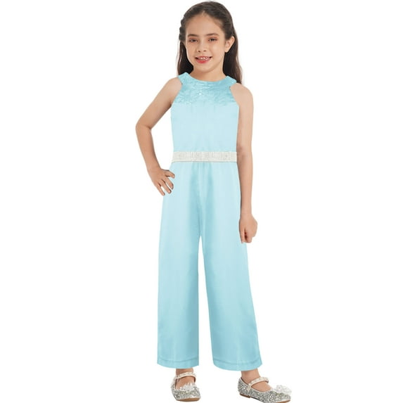 iEFiEL Kids Girls Casual Chiffon Floral Lace Romper Halter Sleeveless Wide Leg Jumpsuit for Dance Pageant Gown Light Blue 8