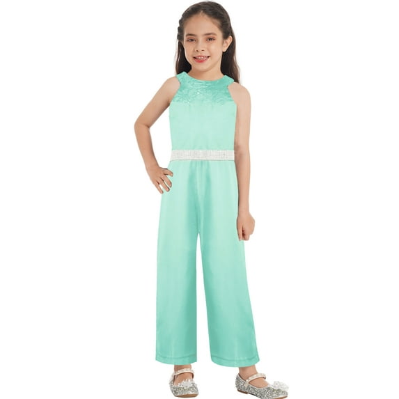 iEFiEL Kids Girls Casual Chiffon Floral Lace Romper Halter Sleeveless Wide Leg Jumpsuit for Dance Pageant Gown Mint Green 14