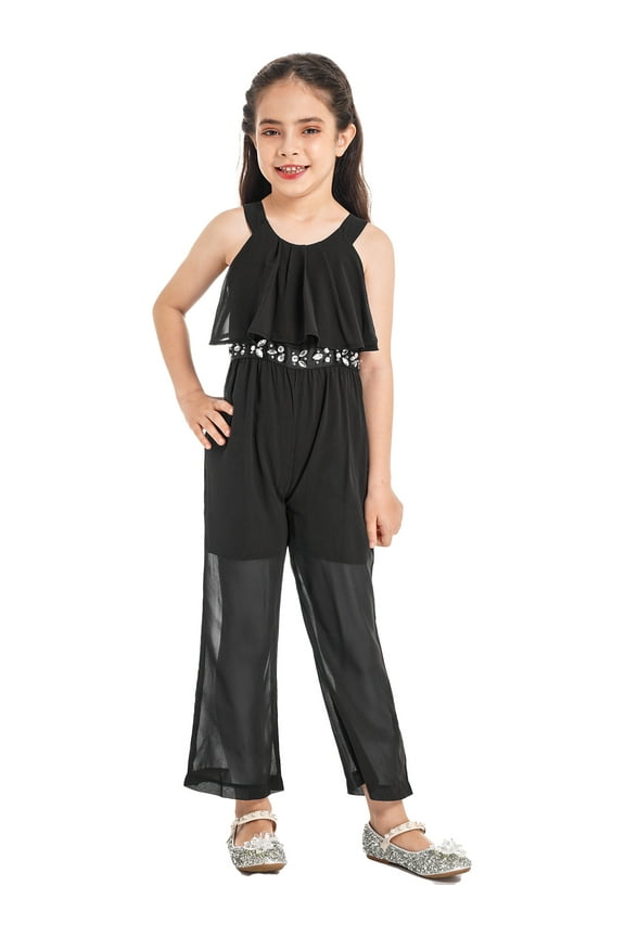 Kids Girls Chiffon Maxi Jumpsuit Rhinestone Wide Leg Outfit Set,Sizes 4-14 Black 4
