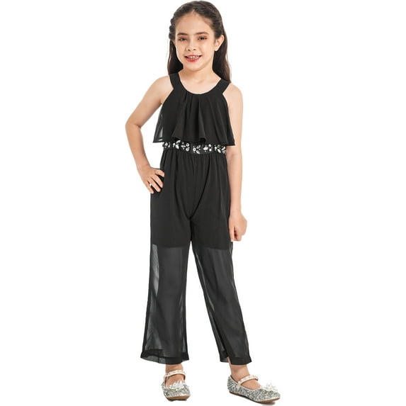 iEFiEL Kids Girls Chiffon Maxi Jumpsuit Rhinestone Wide Leg Outfit Set,Sizes 4-14 Black 6