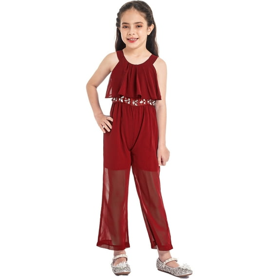 iEFiEL Kids Girls Chiffon Maxi Jumpsuit Rhinestone Wide Leg Outfit Set,Sizes 4-14 Burgundy 12