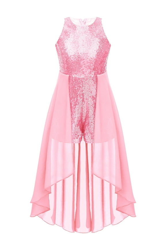 Kids Girls Chiffon Skirt Overlay Sequins Jumpsuit Romper Sleeveless Wedding Bridesmaid Birthday Party Dress Pink 14