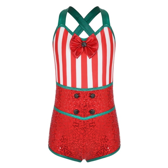 iEFiEL Kids Girls Christmas Candy Cane Costume Bodysuit Shiny Sequins Striped Ballet Leotard Gymnastics Biketard Red 16