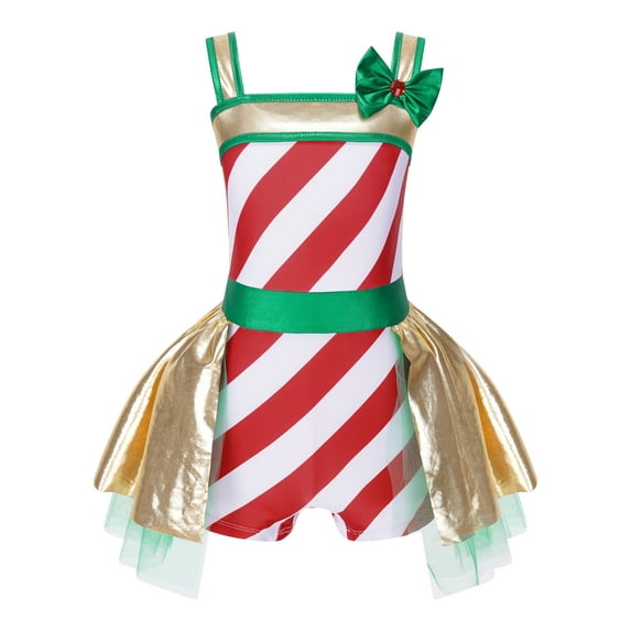 iEFiEL Kids Girls Christmas Candy Cane Dance Costume Striped Metallic Skirted Leotard Festival New Year Dancewear Red 10