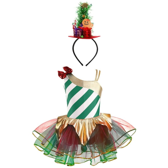 iEFiEL Kids Girls Christmas Candy Cane Mesh Leotard Dress Sequins Xmas Costume Asymmetrical Shoulder Dress with Headband Green 4