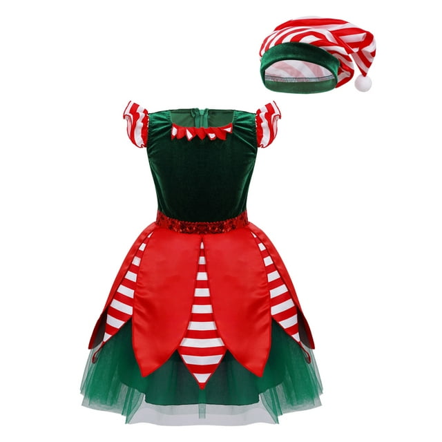 iEFiEL Kids Girls Christmas Elf Costume Sequins Tutu Dress with Hat ...