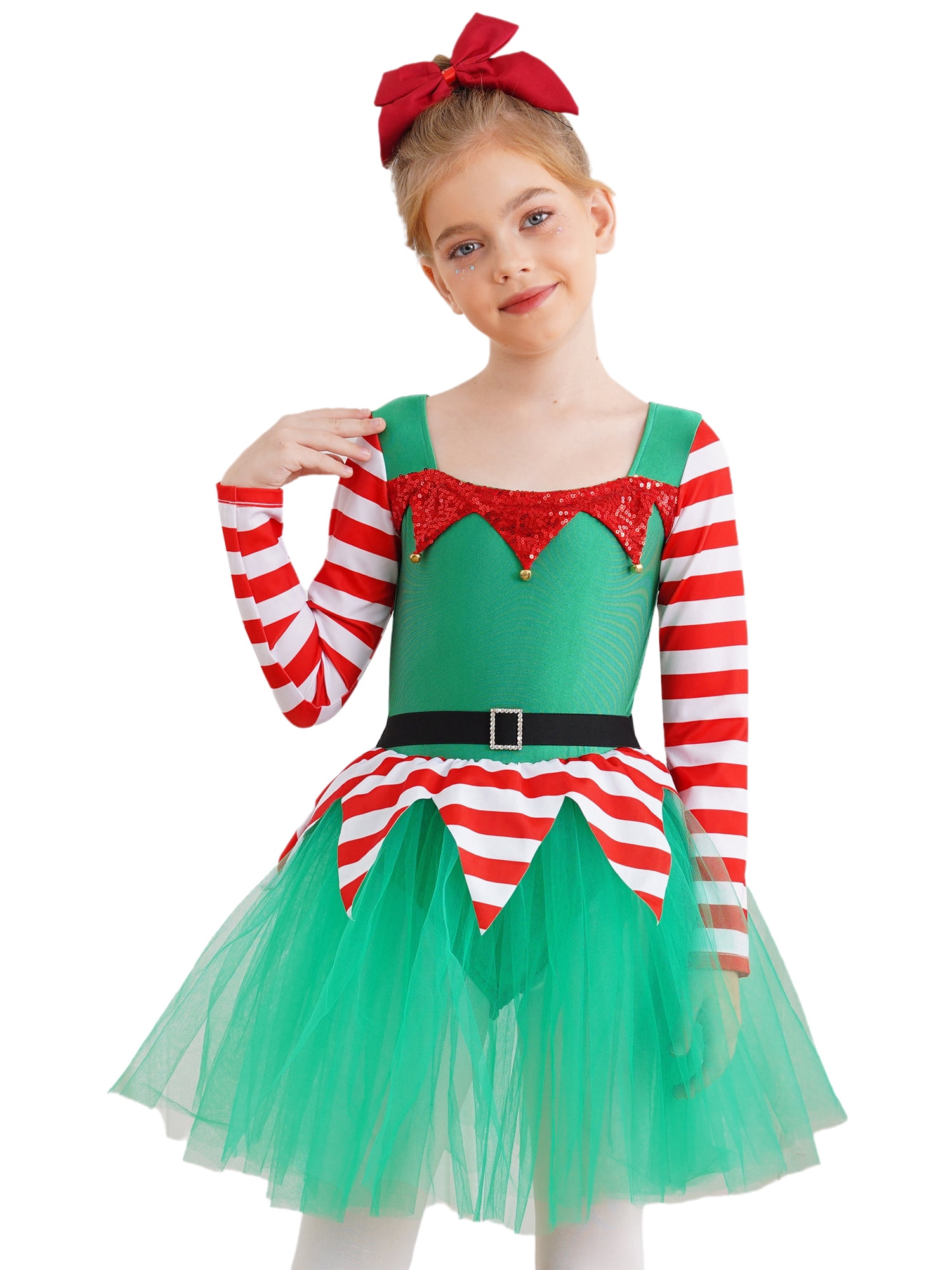 iEFiEL Kids Girls Christmas Elf Dress Long Sleeve Stripes Tutu Dance Dress Leotard Santa Little Helper Outfit Green 8