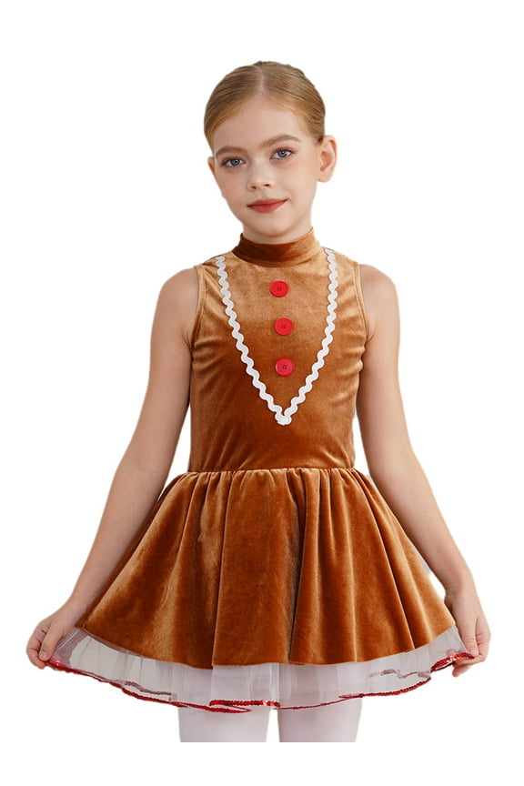 Kids Girls Christmas Gingerbread Dress Xmas Santa Claus Dance Tutu Dress Leotard Brown 14