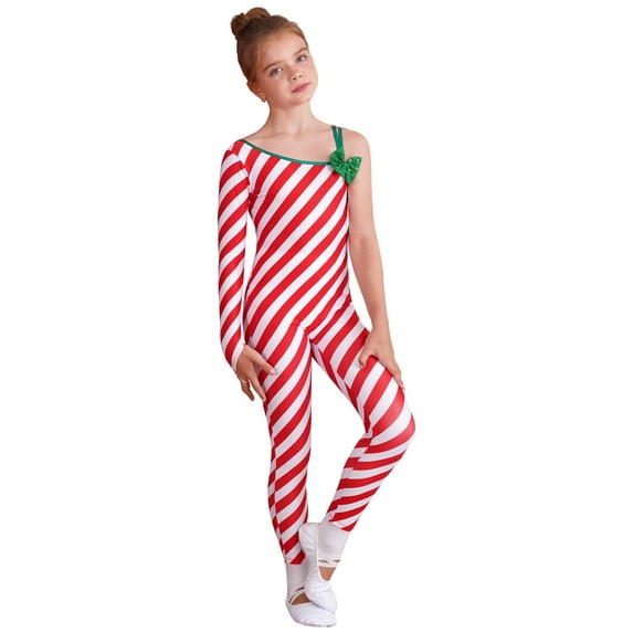 iEFiEL Kids Girls Christmas One Shoulder Striped Unitard Ballet Dance Gymnastics Leotard Xmas New Year Bodysuit A Red 6