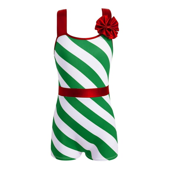 iEFiEL Kids Girls Christmas Santa Candy Costume Xmas Party Stripes Dance Leotard Green 12