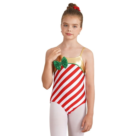 iEFiEL Kids Girls Christmas Santa Candy Costume Xmas Party Stripes Dance Leotard Red-B 8