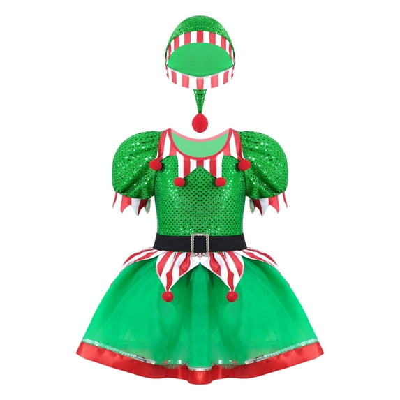 iEFiEL Kids Girls Christmas Santa's Elf Costume Outfit Xmas Sequin Tutu Leotard Dress