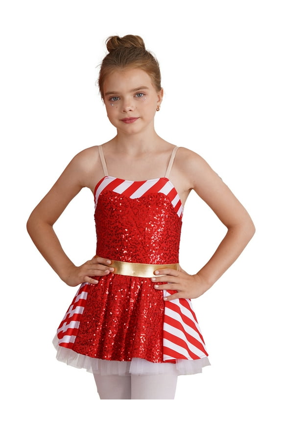 Kids Girls Christmas Sequins Cami Tutu Dress Candy Cane Costume Stripes Tutu Skirted Leotard Ballet Dance Dress Red 12