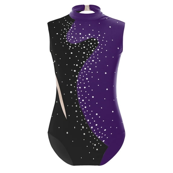 iEFiEL Kids Girls Color Block Patchwork Dance Leotard Sparkling Rhinestones Rhythmic Gymnastics Leotard Purple 10
