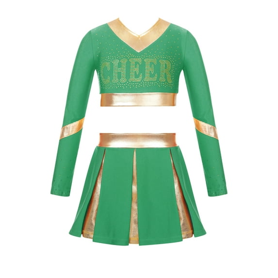 iEFiEL Kids Girls Color Contrast Patchwork Cheer Leader Dance Outfit Rhinestone Letters Print Crop Top with Pleated Skirt Green 16