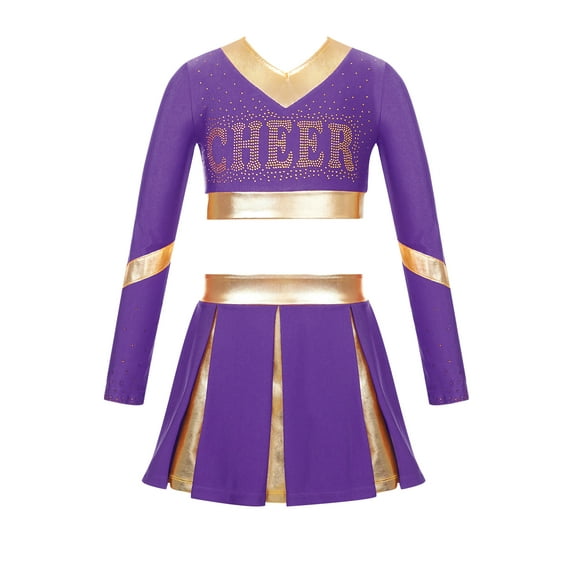 iEFiEL Kids Girls Color Contrast Patchwork Cheer Leader Dance Outfit Rhinestone Letters Print Crop Top with Pleated Skirt Purple 12
