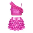 thumbnail image 1 of iEFiEL Kids Girls Dance Outfit Asymmetrical Sequins Crop Top with Tiered Ruffle Skirted Shorts Culottes Dancewear Hot Pink 6, 1 of 5