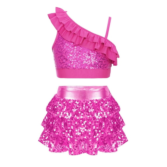 iEFiEL Kids Girls Dance Outfit Asymmetrical Sequins Crop Top with Tiered Ruffle Skirted Shorts Culottes Dancewear Hot Pink 6