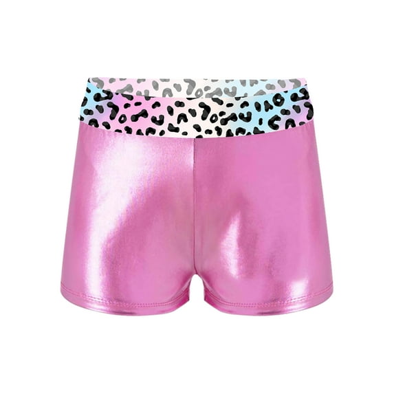 iEFiEL Kids Girls Dance Shorts Glitters Gymnastics Board Shorts Sparkling Wide Waistband Workout Tumbling Bottoms Pink Leopard 16