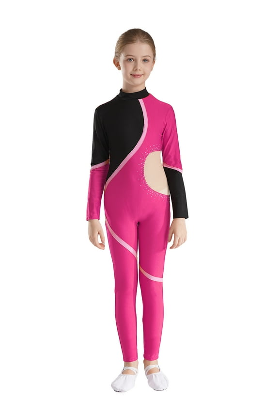 Kids Girls Figure Skating Bodysuit Ballerina Gymnastics Acrobatics Leotard Long Sleeve Shiny Rhinestones Jumpsuit Hot Pink 16