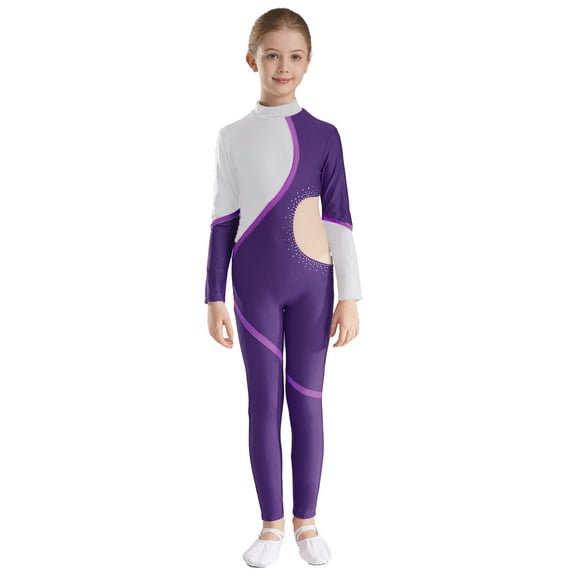 iEFiEL Kids Girls Figure Skating Bodysuit Ballerina Gymnastics Acrobatics Leotard Long Sleeve Shiny Rhinestones Jumpsuit Purple 10