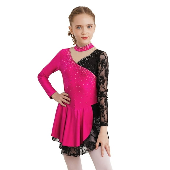 iEFiEL Kids Girls Figure Skating Competition Costume Ballet Lyrical Dancewear Floral Lace Patchwork Dance Dress Hot Pink 10