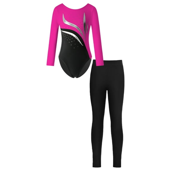 iEFiEL Kids Girls Figure Skating Dance Performance Outfit Long Sleeve Shiny Rhinestones Leotard with Leggings Gym Suit Hot Pink&Black 10