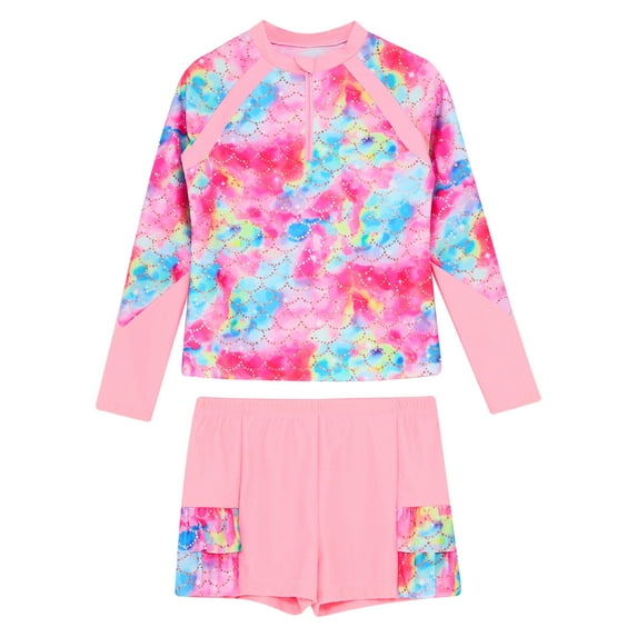 iEFiEL Kids Girls Floral Print Rash Guard Set Long Sleeve Swim Top with Shorts Sun Protective Swimsuit Pink 6