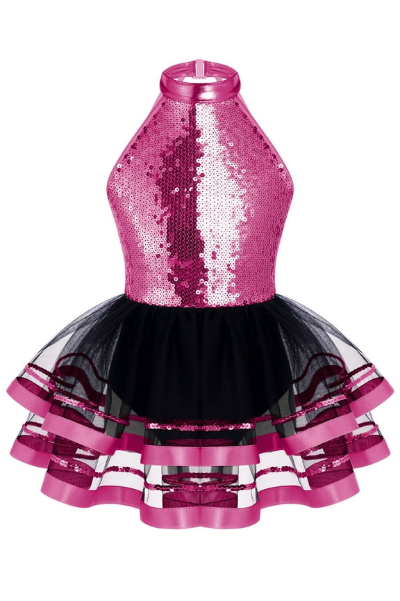 Kids Girls Glitters Sequins Ballet Dance Tutu Dress Halter Latin Jazz Dancewear A Rose 6