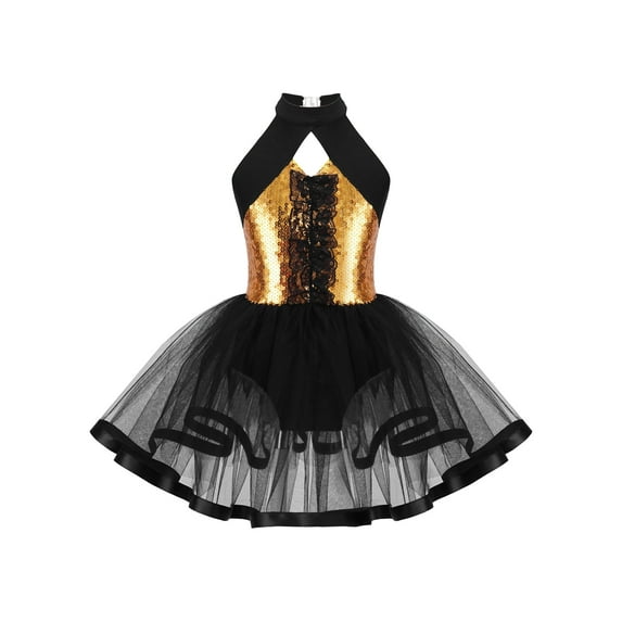 iEFiEL Kids Girls Glitters Sequins Ballet Dance Tutu Dress Halter Latin Jazz Dancewear Gold-A 14