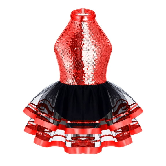 iEFiEL Kids Girls Glitters Sequins Ballet Dance Tutu Dress Halter Latin Jazz Dancewear Red-B 14