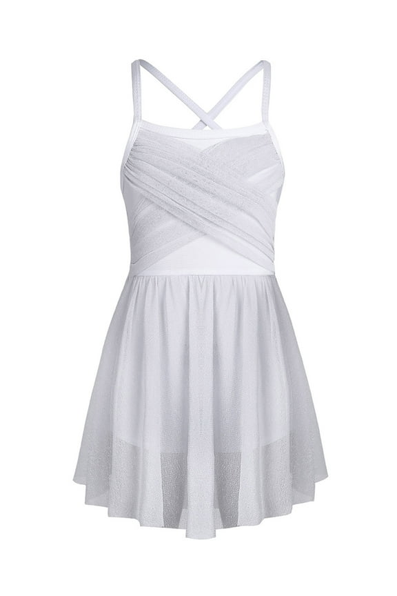 Kids Girls Glittery Lyrical Ballet Dance Biketard Dress Latin Skater Costume White 16