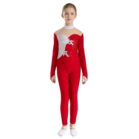 iEFiEL Kids Girls Gymnastics Acrobatics Jumpsuit Unitard Long Sleeve Rhinestone Sports Full Bodysuit Ballet Dance Leotard Burgundy 10