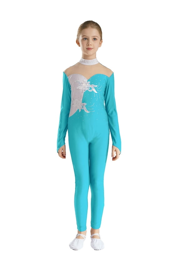 Kids Girls Gymnastics Acrobatics Jumpsuit Unitard Long Sleeve Rhinestone Sports Full Bodysuit Ballet Dance Leotard Lake Green 8