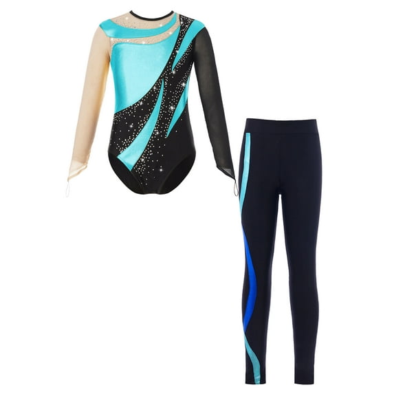 iEFiEL Kids Girls Gymnastics Dance Outfit Long Sleeve Metallic Contrast Leotard with Striped Pants Ice Skating Outfit Turquoise 10